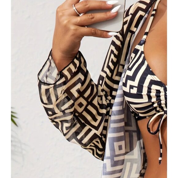 New 3-Piece Womens Geometric Print Bikini Set With Long Sheer Cover-Up XL - Picture 4 of 4